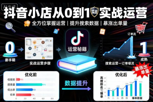 抖音小店從0到1實戰運營，幫你全方位掌握小店運營，提升搜索數據與出單量