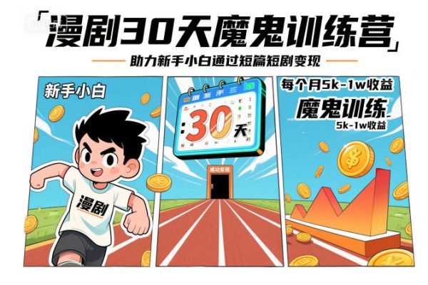 漫劇30天魔鬼訓練營,助力新手小白通過短篇短劇變現,每個月5k
